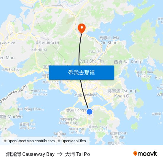 銅鑼灣 Causeway Bay to 大埔 Tai Po map