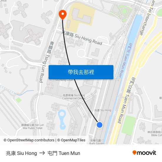 兆康 Siu Hong to 屯門 Tuen Mun map