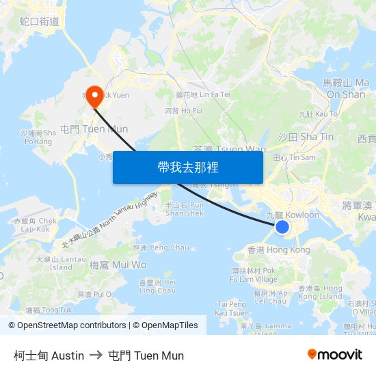 柯士甸 Austin to 屯門 Tuen Mun map