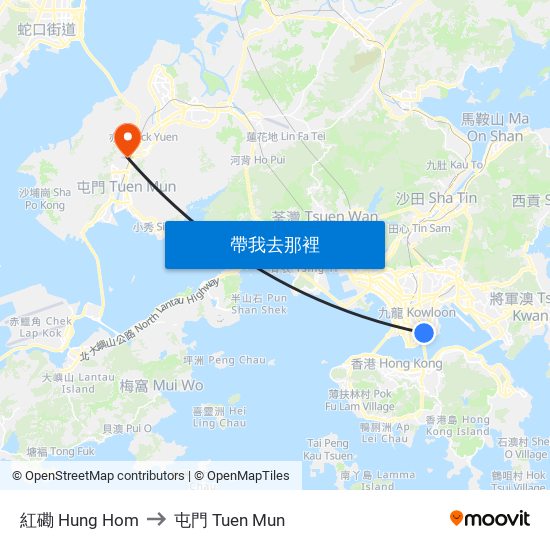 紅磡 Hung Hom to 屯門 Tuen Mun map