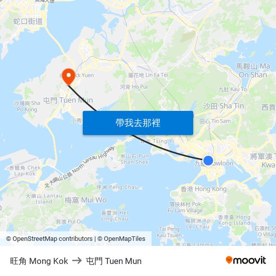 旺角 Mong Kok to 屯門 Tuen Mun map