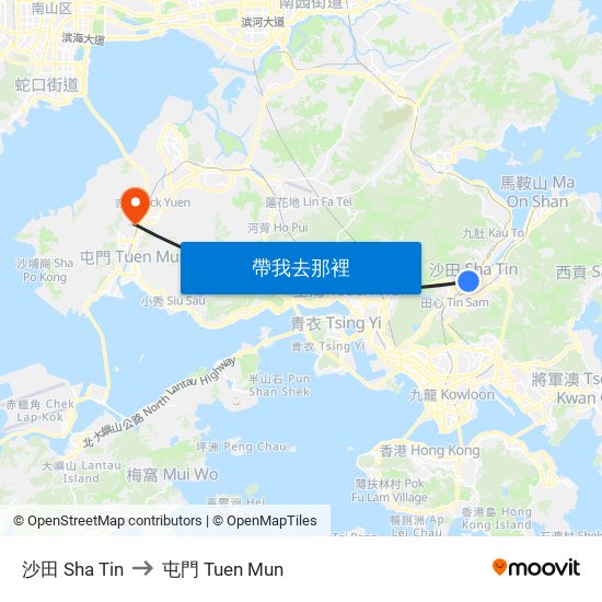 沙田 Sha Tin to 屯門 Tuen Mun map