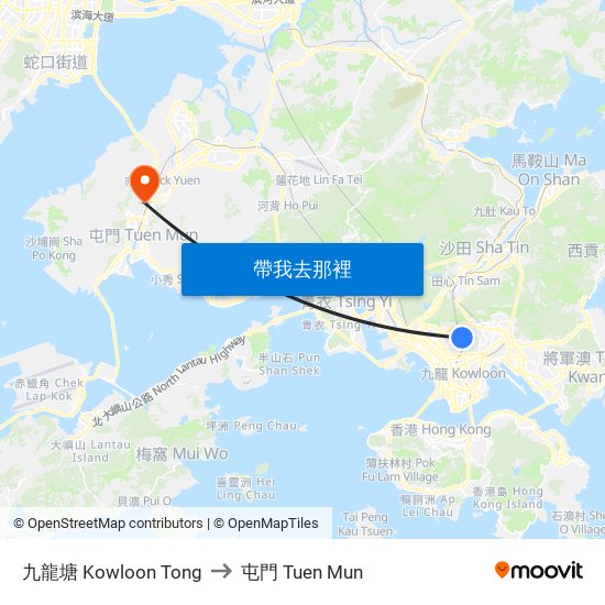 九龍塘 Kowloon Tong to 屯門 Tuen Mun map