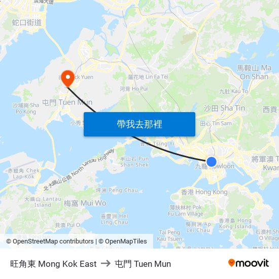 旺角東 Mong Kok East to 屯門 Tuen Mun map