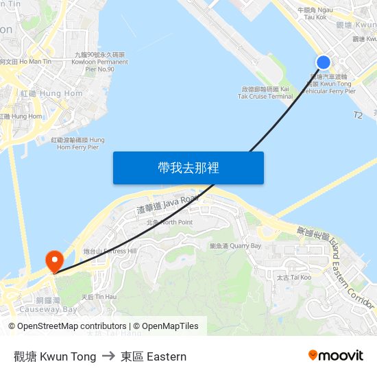 觀塘 Kwun Tong to 東區 Eastern map