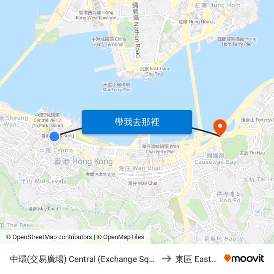 中環(交易廣場) Central (Exchange Square) to 東區 Eastern map