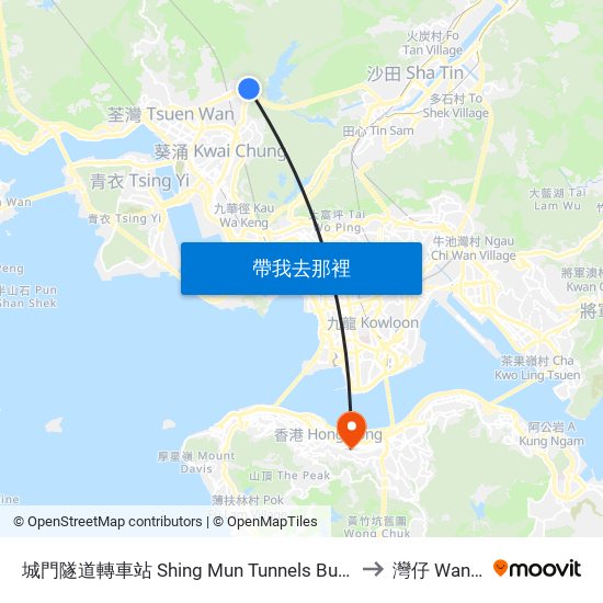 城門隧道轉車站 Shing Mun Tunnels Bus Interchange to 灣仔 Wan Chai map