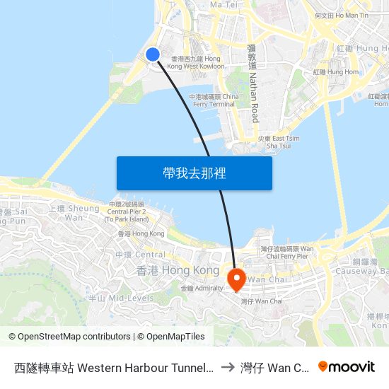 西隧轉車站 Western Harbour Tunnel Bbi to 灣仔 Wan Chai map
