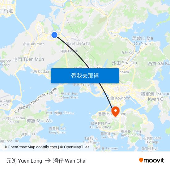 元朗 Yuen Long to 灣仔 Wan Chai map