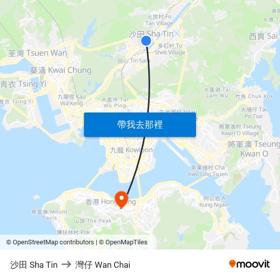 沙田 Sha Tin to 灣仔 Wan Chai map