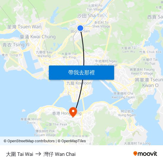大圍 Tai Wai to 灣仔 Wan Chai map