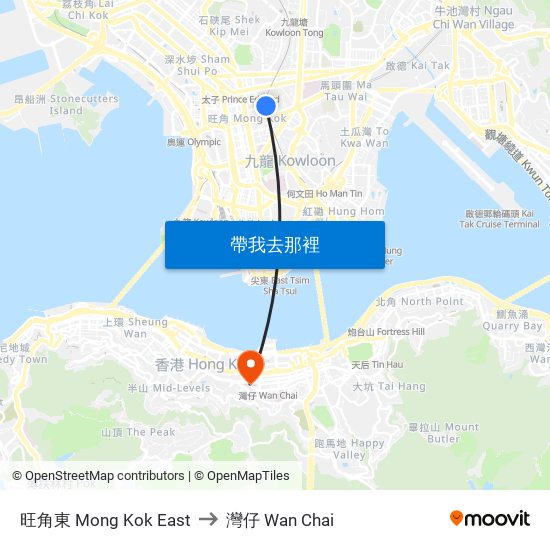旺角東 Mong Kok East to 灣仔 Wan Chai map
