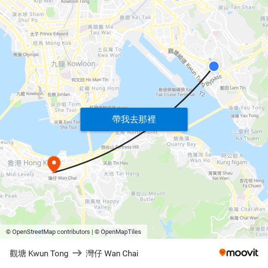觀塘 Kwun Tong to 灣仔 Wan Chai map