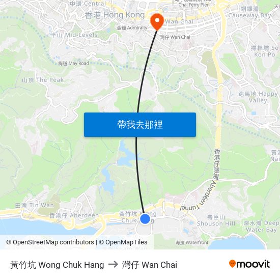 黃竹坑 Wong Chuk Hang to 灣仔 Wan Chai map