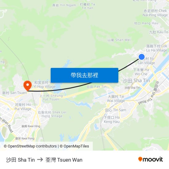 沙田 Sha Tin to 荃灣 Tsuen Wan map