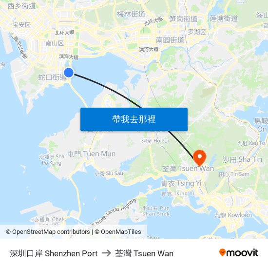 深圳口岸 Shenzhen Port to 荃灣 Tsuen Wan map