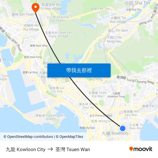 九龍 Kowloon City to 荃灣 Tsuen Wan map