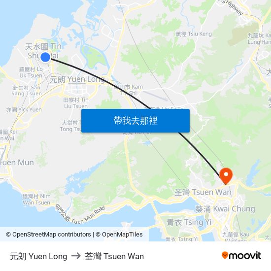 元朗 Yuen Long to 荃灣 Tsuen Wan map