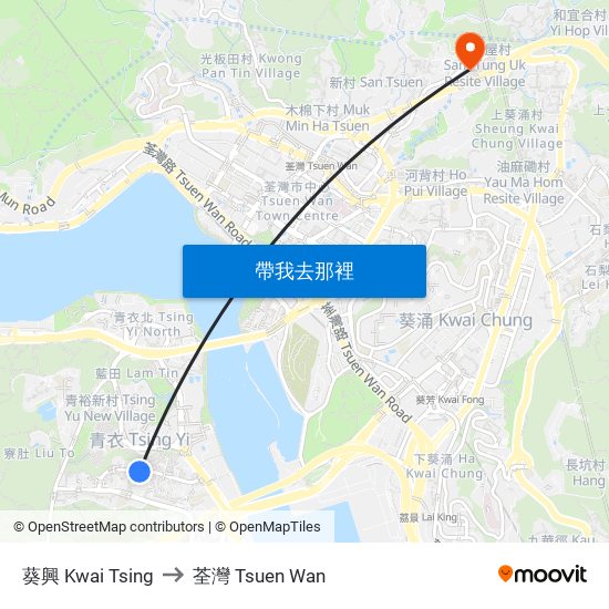 葵興 Kwai Tsing to 荃灣 Tsuen Wan map