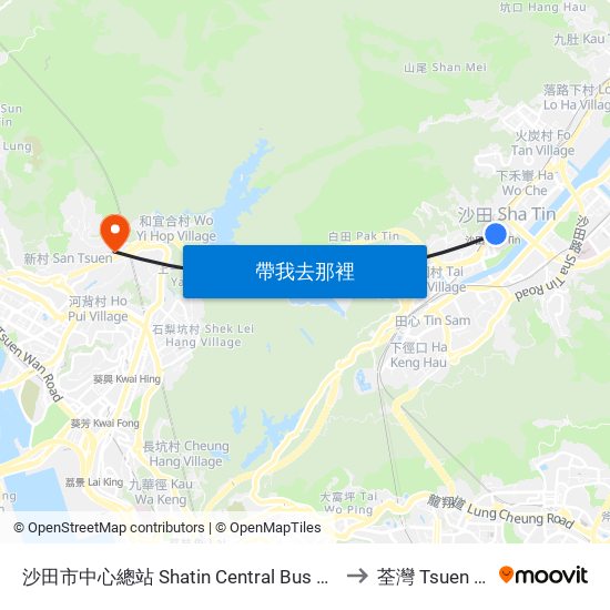 沙田市中心總站 Shatin Central Bus Terminus to 荃灣 Tsuen Wan map