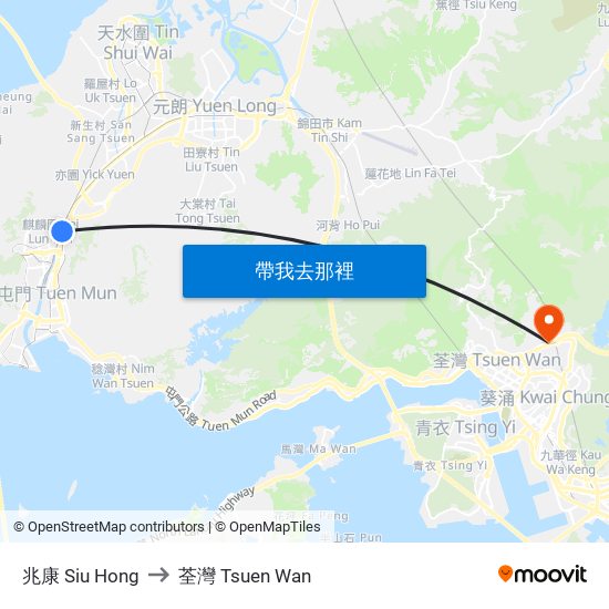 兆康 Siu Hong to 荃灣 Tsuen Wan map