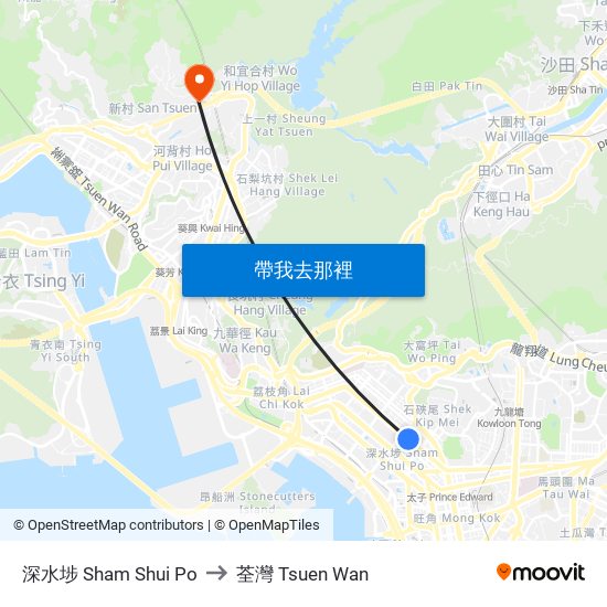 深水埗 Sham Shui Po to 荃灣 Tsuen Wan map