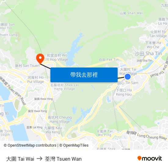 大圍 Tai Wai to 荃灣 Tsuen Wan map