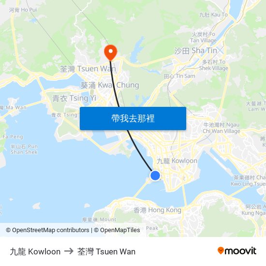 九龍 Kowloon to 荃灣 Tsuen Wan map