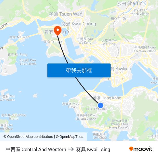 中西區 Central And Western to 葵興 Kwai Tsing map