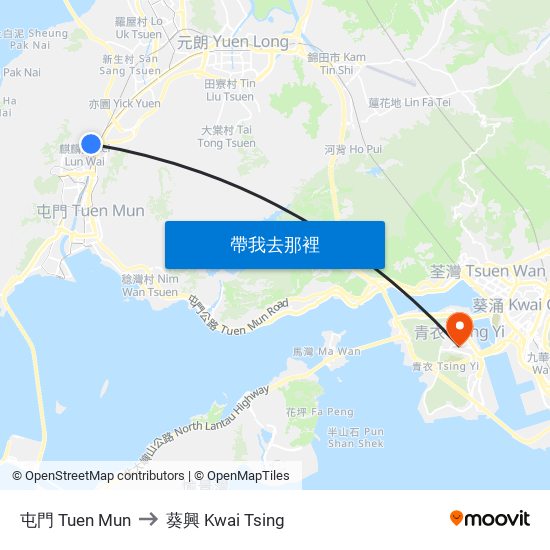 屯門 Tuen Mun to 葵興 Kwai Tsing map