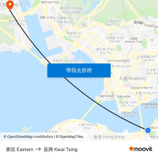 東區 Eastern to 葵興 Kwai Tsing map