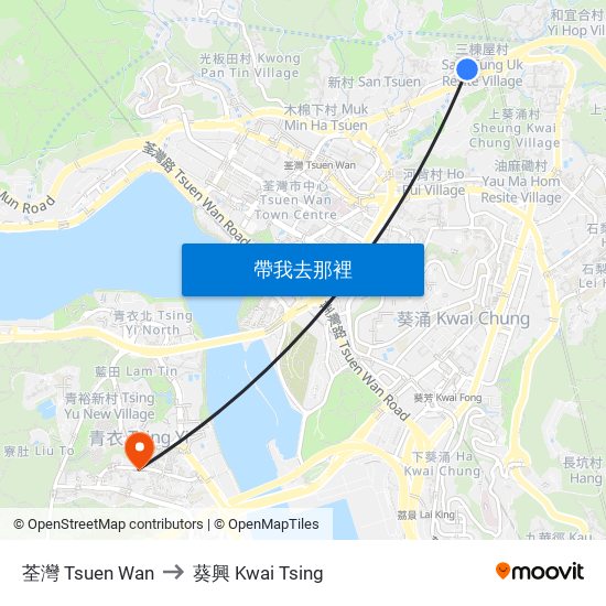荃灣 Tsuen Wan to 葵興 Kwai Tsing map