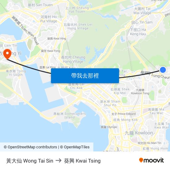 黃大仙 Wong Tai Sin to 葵興 Kwai Tsing map