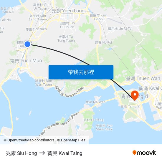 兆康 Siu Hong to 葵興 Kwai Tsing map