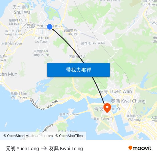 元朗 Yuen Long to 葵興 Kwai Tsing map