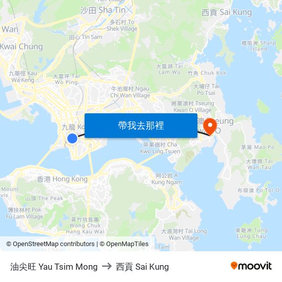 油尖旺 Yau Tsim Mong to 西貢 Sai Kung map