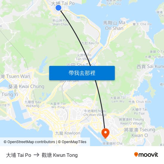 大埔 Tai Po to 觀塘 Kwun Tong map