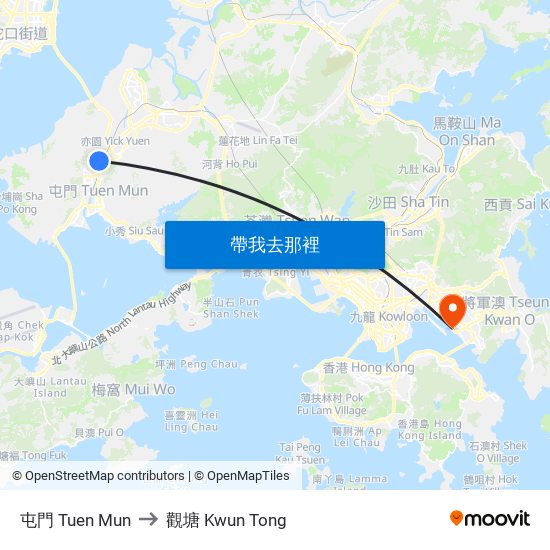 屯門 Tuen Mun to 觀塘 Kwun Tong map