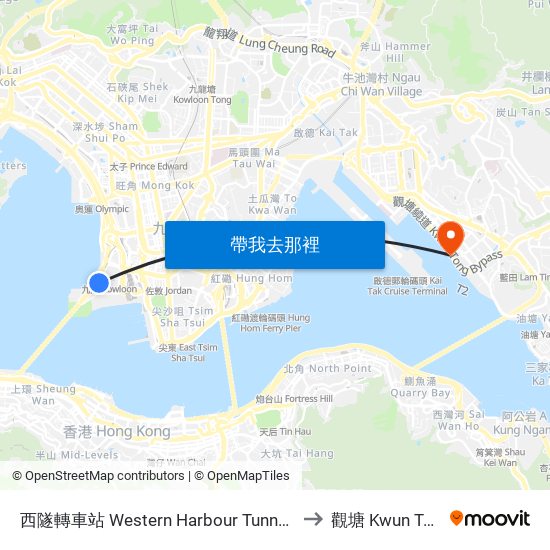 西隧轉車站 Western Harbour Tunnel Bbi to 觀塘 Kwun Tong map