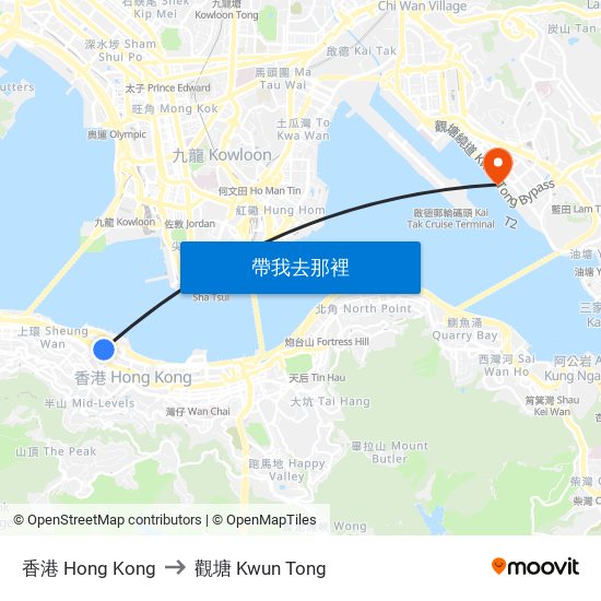 香港 Hong Kong to 觀塘 Kwun Tong map