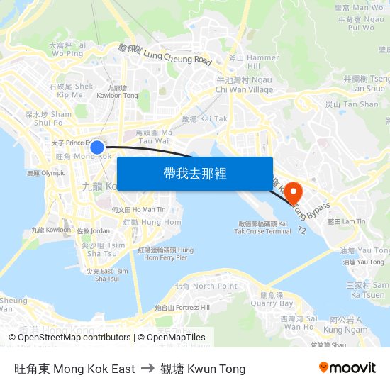 旺角東 Mong Kok East to 觀塘 Kwun Tong map