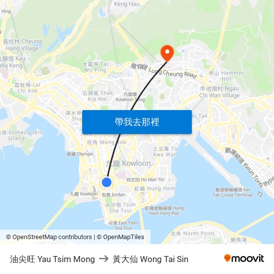 油尖旺 Yau Tsim Mong to 黃大仙 Wong Tai Sin map