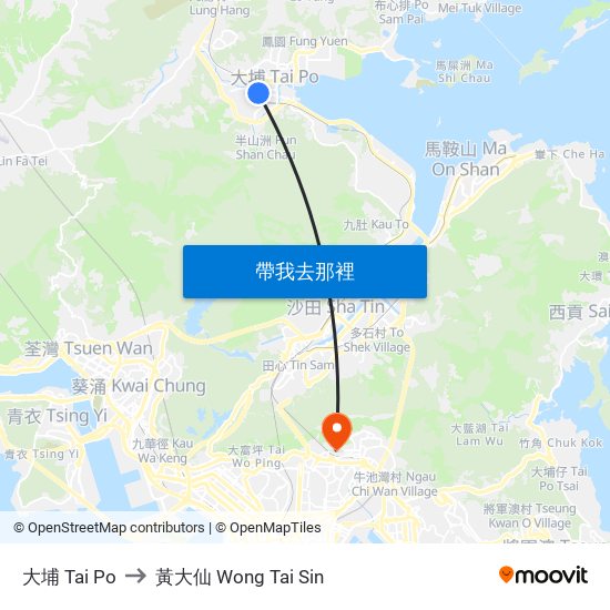 大埔 Tai Po to 黃大仙 Wong Tai Sin map