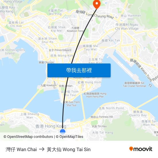 灣仔 Wan Chai to 黃大仙 Wong Tai Sin map
