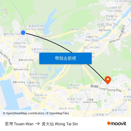 荃灣 Tsuen Wan to 黃大仙 Wong Tai Sin map