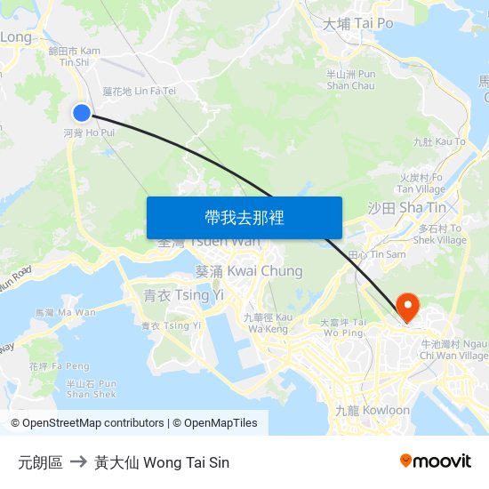 元朗區 to 黃大仙 Wong Tai Sin map