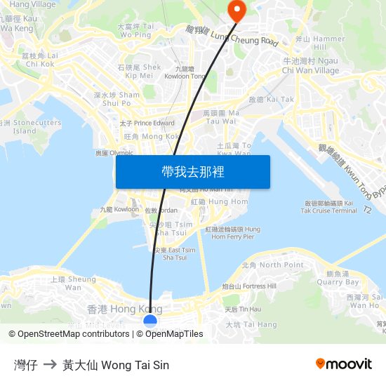 灣仔 to 黃大仙 Wong Tai Sin map