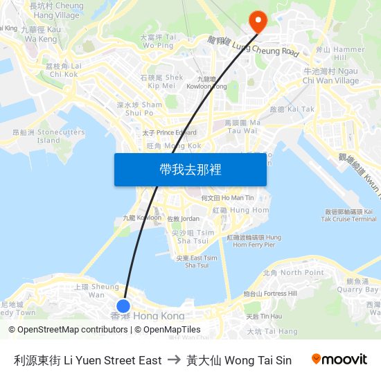 利源東街 Li Yuen Street East to 黃大仙 Wong Tai Sin map