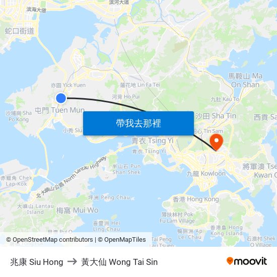 兆康 Siu Hong to 黃大仙 Wong Tai Sin map