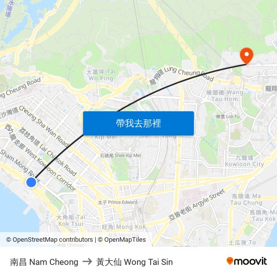 南昌 Nam Cheong to 黃大仙 Wong Tai Sin map